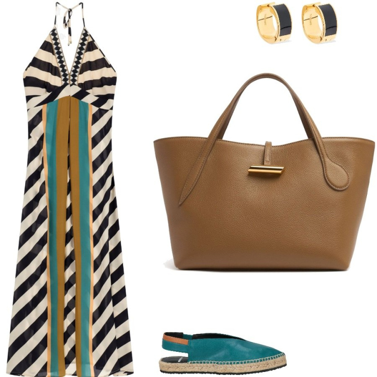 Outfit donna - Vacanze di luglio. Stile Casual chic per Tutti i giorni. Abbinamento con espadrillas, vestiti lunghi, shopping bag, orecchini.