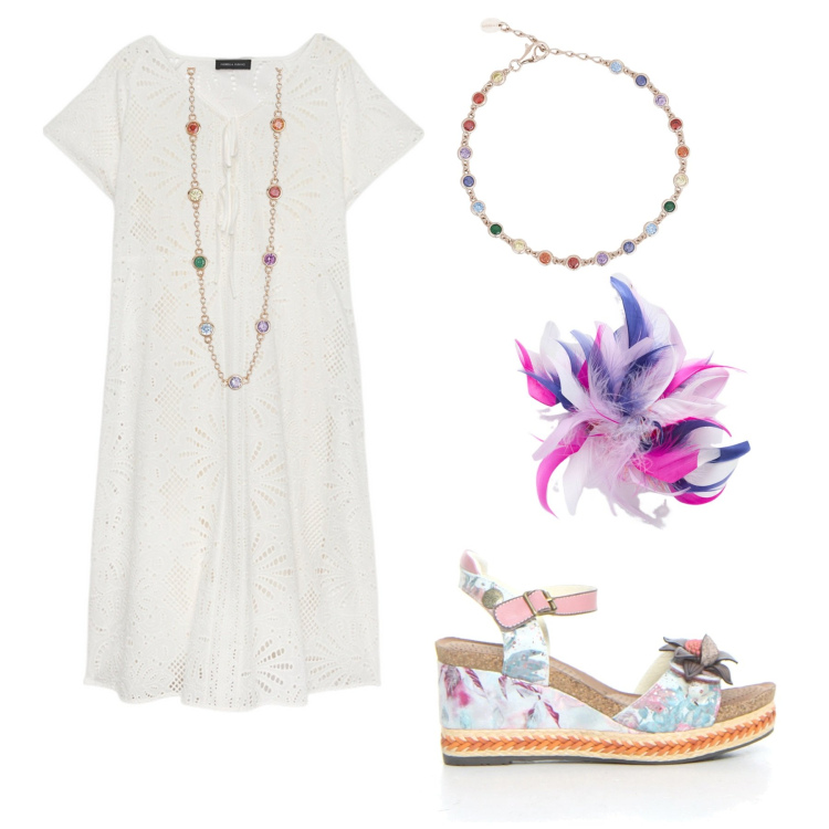 Outfit donna - Flu flu. Abbinamento con braccialetti, collane, accessori per capelli, vestiti lunghi, sandali.