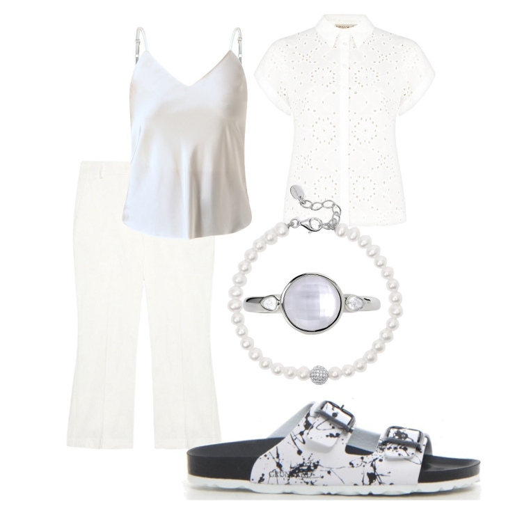 Outfit donna - Bianco Dolce&Grintoso. Stile Casual chic per Ufficio. Abbinamento con braccialetti, anelli, top, camicie a manica corta, pantaloni, ciabatte.