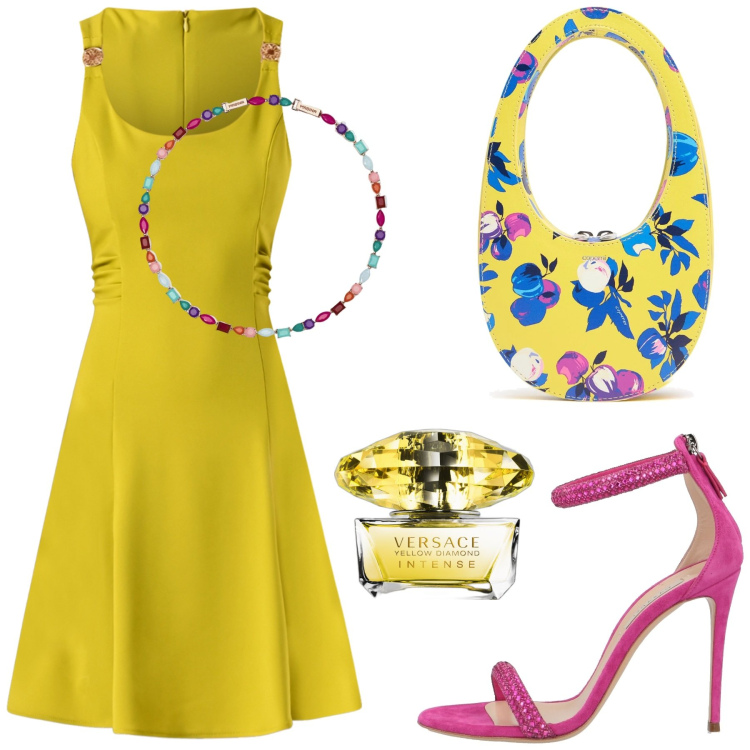 Outfit donna - Giallo limone. Stile Glamour per Tutti i giorni. Abbinamento con sandali in pelle, profumi, collane, vestiti, borse a mano.