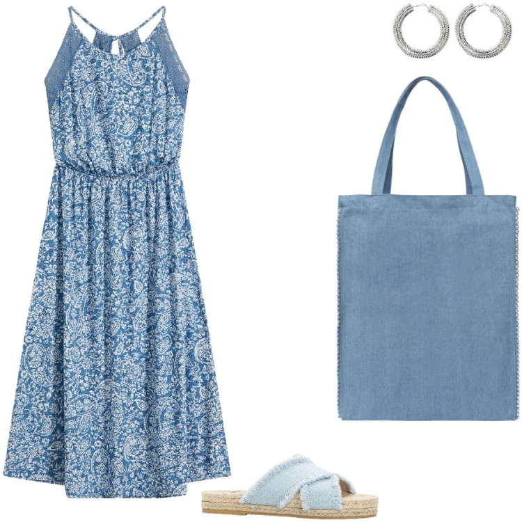 Outfit donna - Paisley. Stile Casual chic per Tutti i giorni. Abbinamento con vestiti, ciabatte, borse tote, orecchini.
