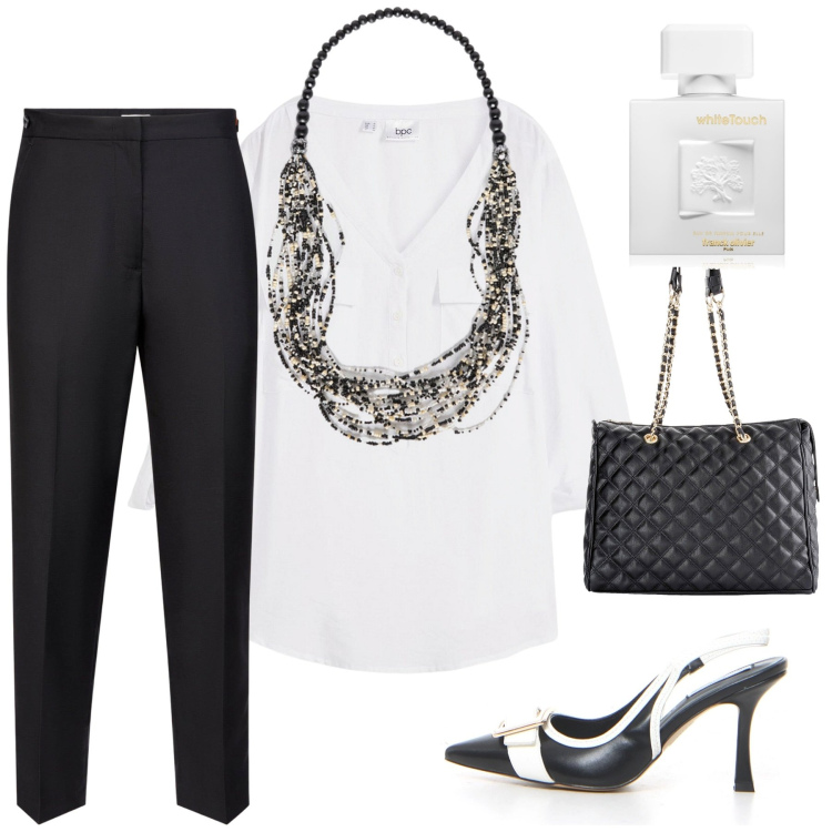 Outfit donna - Black&white. Stile Trendy per Ufficio. Abbinamento con shopping bag, bluse, profumi, collane, pantaloni, décolleté.