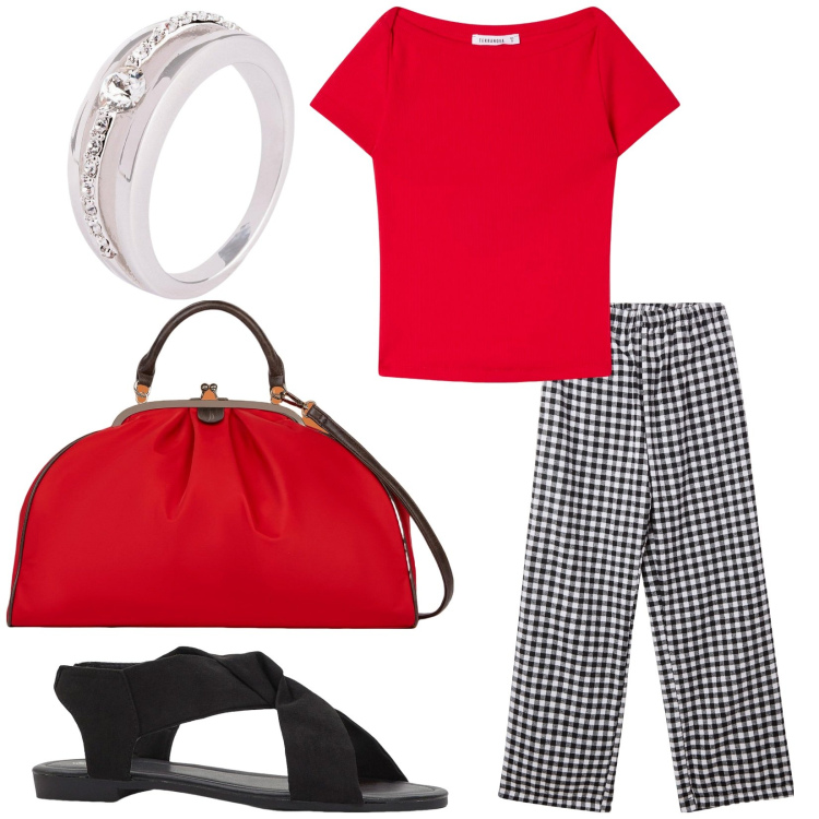 Outfit donna - Comoda in città. Stile Casual per Tutti i giorni. Abbinamento con anelli, sandali, t-shirt, pantaloni, borse a spalla.