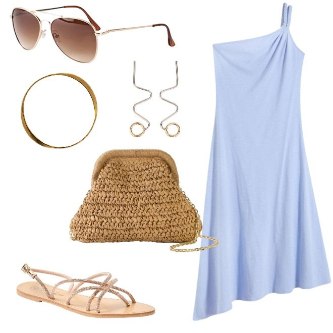 Outfit donna - Abitino glicine. Stile Casual chic per Tutti i giorni. Abbinamento con borse a tracolla, occhiali da sole, vestiti asimmetrici, sandali, orecchini, braccialetti.