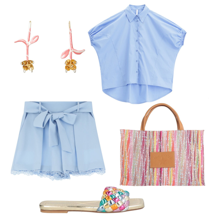 Outfit donna - Gli shorts col pizzo. Stile Casual per Tutti i giorni. Abbinamento con orecchini, borse a mano, sandali in pelle, shorts, camicie a manica corta.