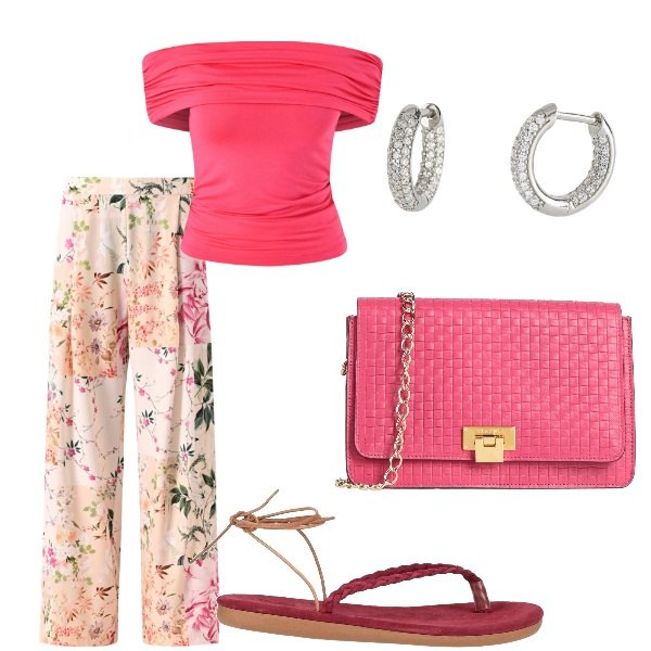 Outfit donna - A spasso per la città. Stile Casual per Serata fuori. Abbinamento con borse a tracolla, infradito, orecchini, pantaloni, top.