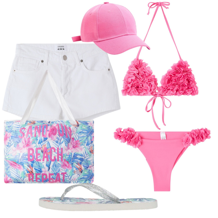 Outfit donna - Finalmente si va al mare. Stile Trendy per Mare. Abbinamento con borse tote, bikini, infradito, bikini, cappelli, shorts.