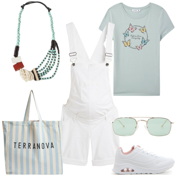 Outfit donna - Waiting for a baby. Stile Casual per Tutti i giorni. Abbinamento con salopette, t-shirt, borse tote, occhiali da sole, sneakers, collane.