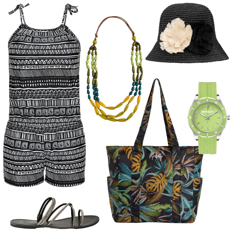 Outfit donna - Playsuit a fantasia geometrica. Stile Etnico per Mare. Abbinamento con tute, sandali, shopping bag, orologi, collane, cappelli.