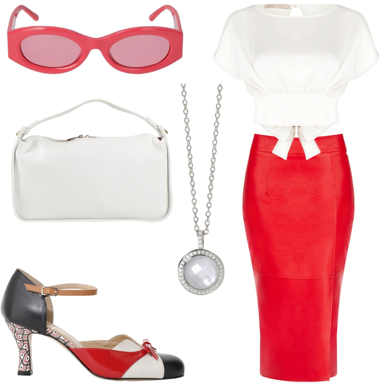 Outfit donna - Total look #2192718. Stile Bon Ton per Tutti i giorni. Abbinamento con borse a mano, décolleté, collane, gonne longuette, bluse, occhiali da sole.