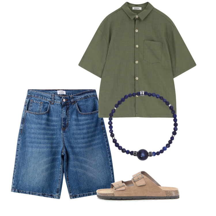 Outfit uomo - Giugno. Stile Casual per Tutti i giorni. Abbinamento con bermuda, braccialetti, camicie a manica corta, sandali.