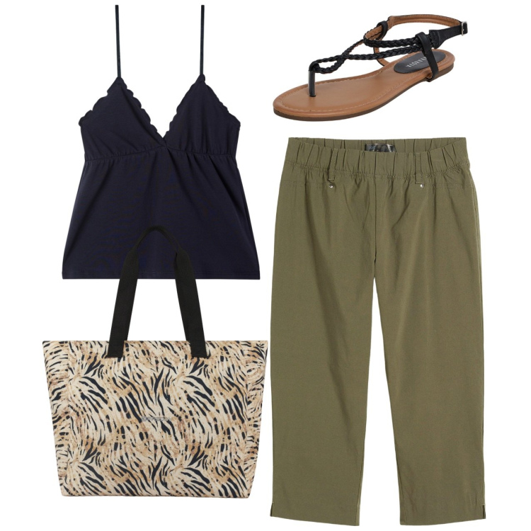 Outfit donna - Il top nero. Stile Casual chic per Tutti i giorni. Abbinamento con pantaloni, ciabatte, canottiere, shopping bag.