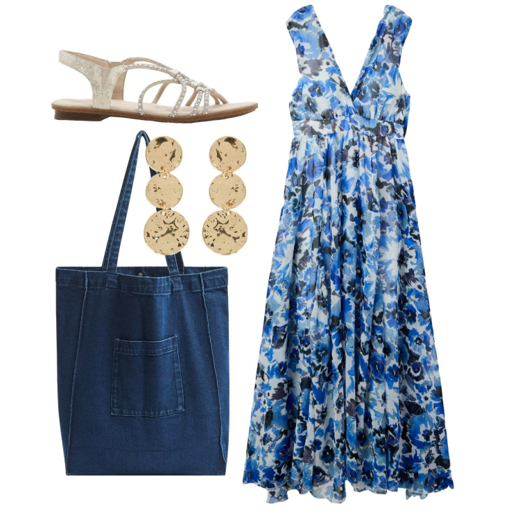 Outfit donna - Bluette. Stile Romantica per Tutti i giorni. Abbinamento con sandali, vestiti lunghi, shopping bag, orecchini.