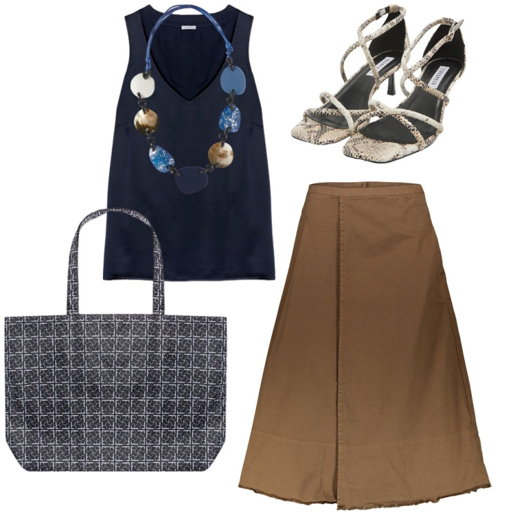 Outfit donna - Ufficio. Stile Bon Ton per Ufficio. Abbinamento con sandali col tacco, gonne lunghe, top, shopping bag, collane.