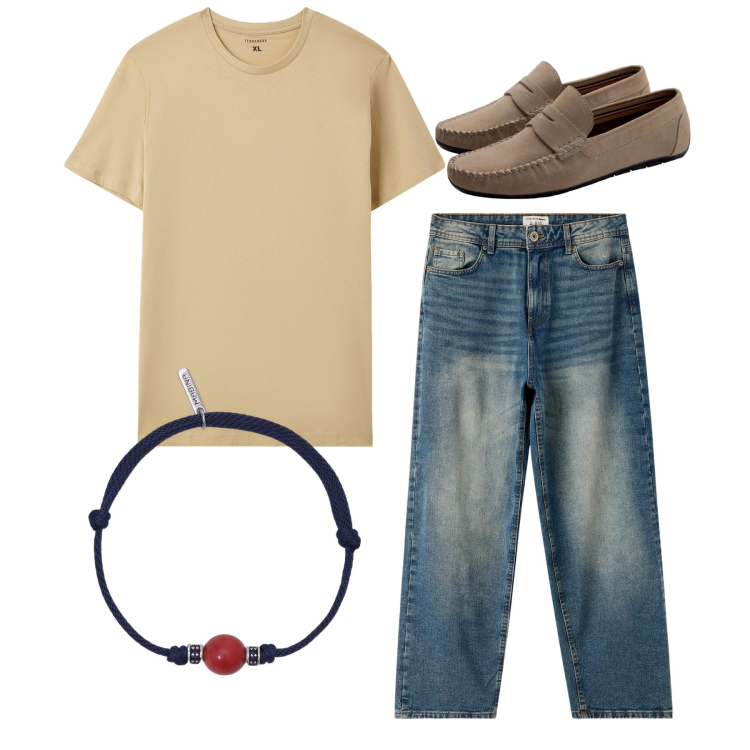 Outfit uomo - City. Stile Casual per Tutti i giorni. Abbinamento con t-shirt, jeans, braccialetti, scarpe stringate.