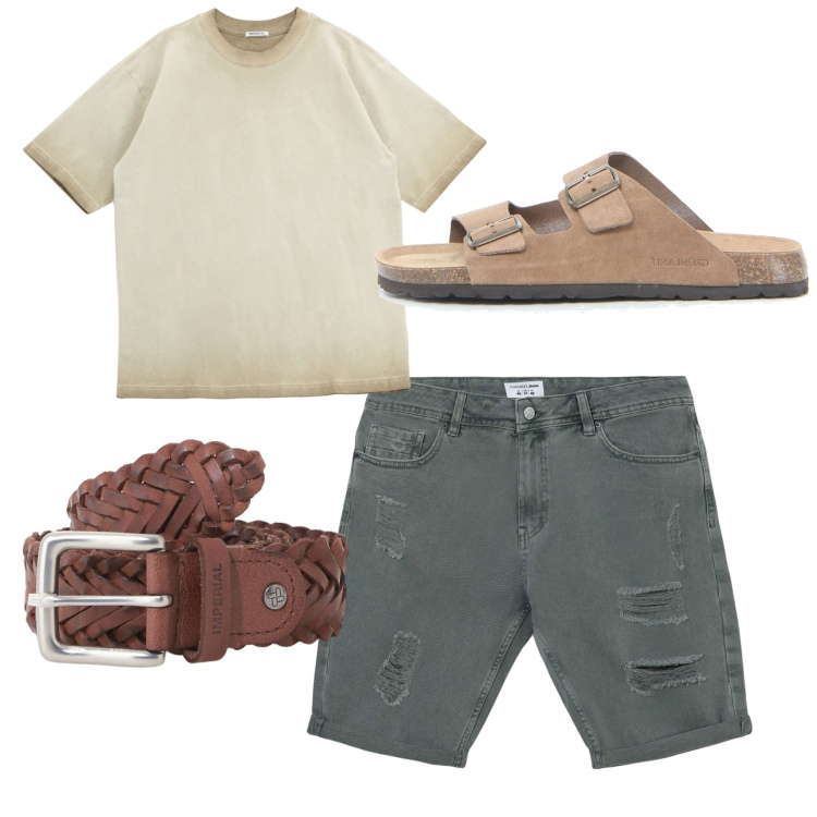 Outfit uomo - In città con il caldo. Stile Casual per Tutti i giorni. Abbinamento con bermuda, t-shirt, cinture, sandali.