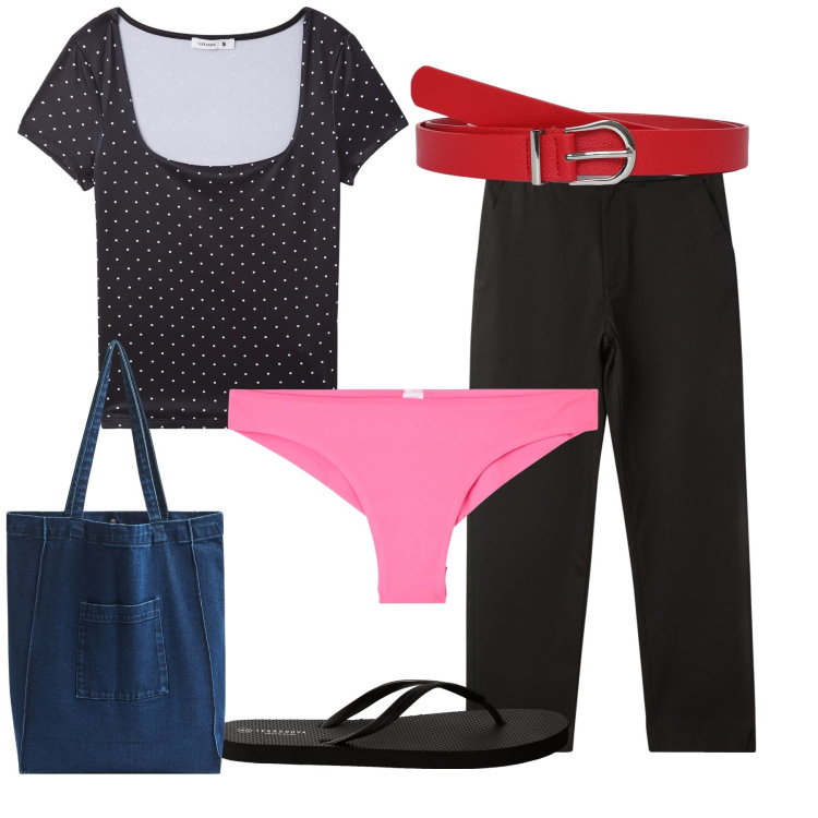 Outfit donna - Risparmiando in Terranova. Stile Basic per Tutti i giorni. Abbinamento con culotte, cinture, pantaloni, t-shirt, shopping bag, infradito.
