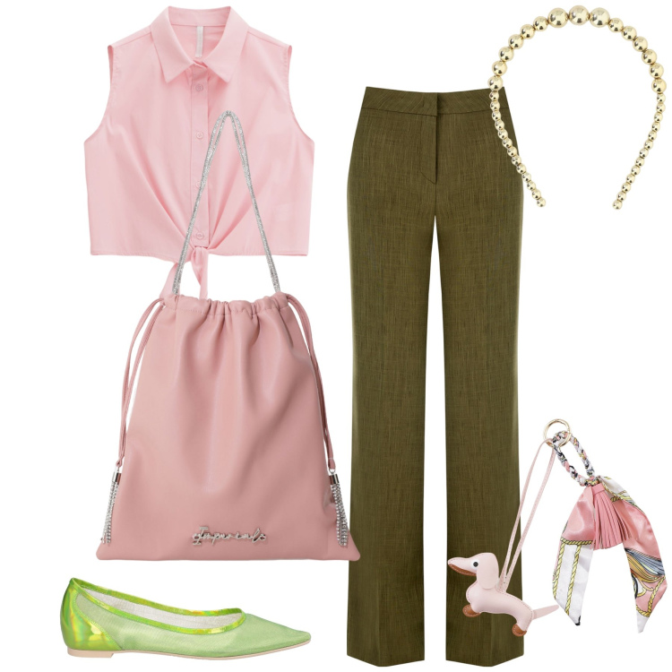 Outfit donna - Impeccabile in ufficio. Stile Urban per Ufficio. Abbinamento con ballerine, pantaloni a palazzo, borse a secchiello, camicie, cerchietti, portachiavi.