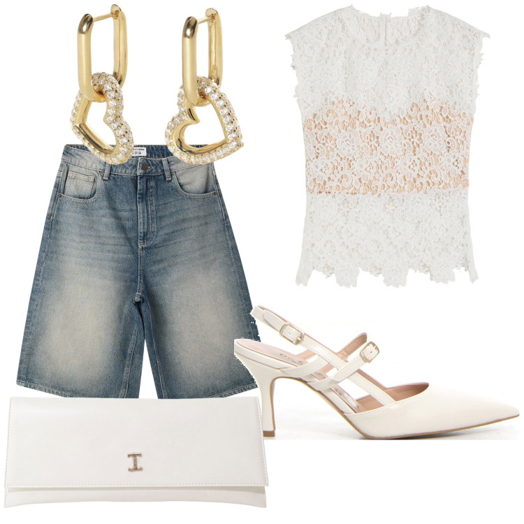 Outfit donna - Romanticismo in bermuda di jeans. Stile Glamour per Serata fuori. Abbinamento con top, bermuda, orecchini, pochette, décolleté.