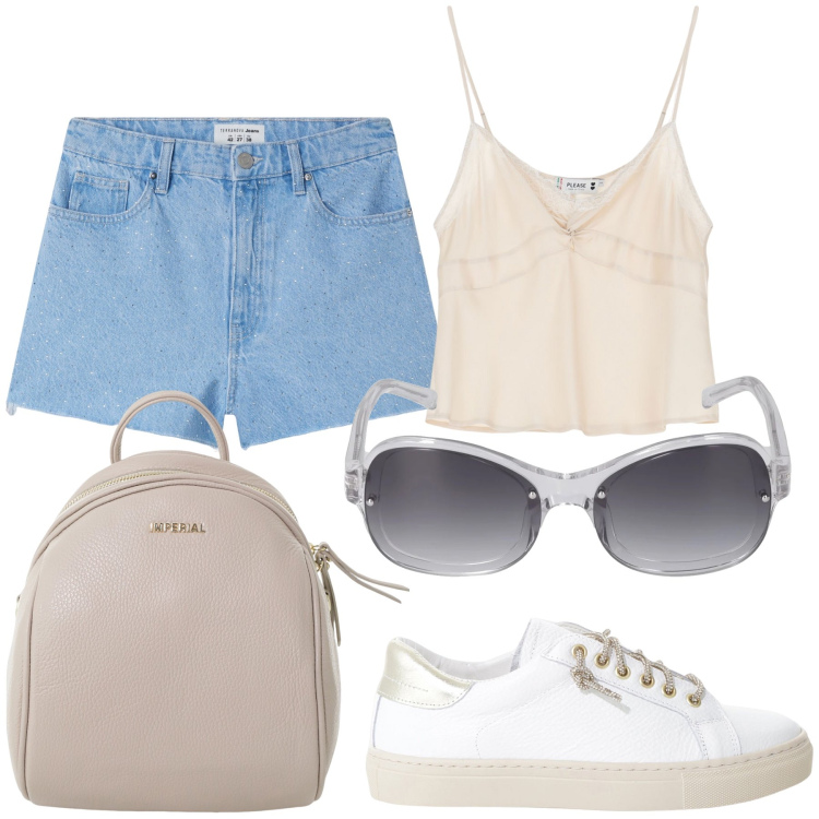 Outfit donna - Fuori dí prima mattina. Stile Casual chic per Tutti i giorni. Abbinamento con shorts, top, sneakers, zaini, occhiali da sole.