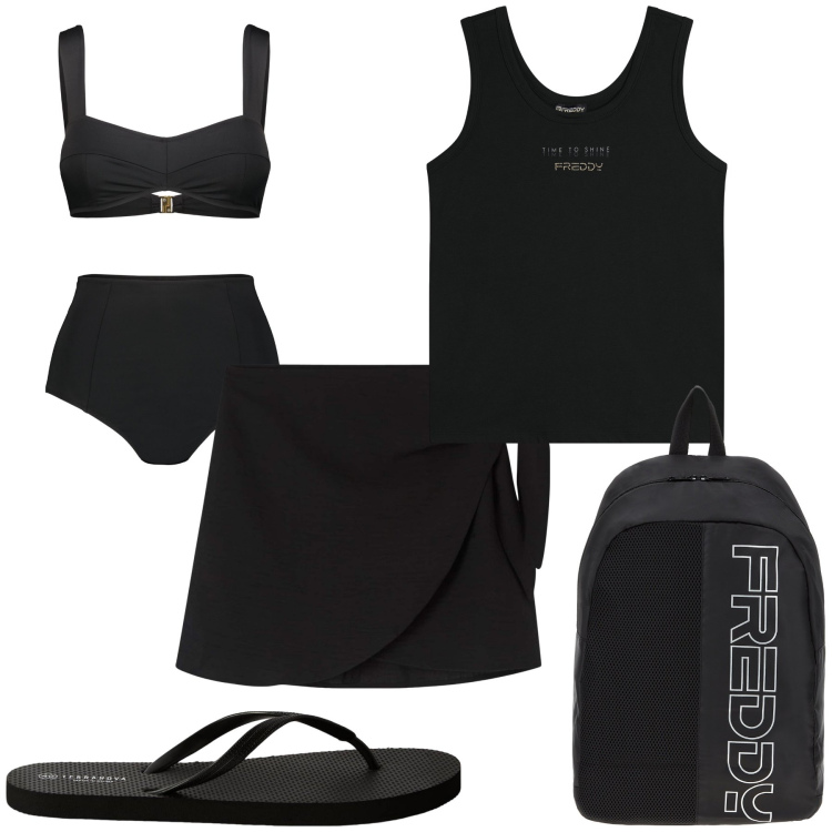 Outfit donna - Basic al mare. Stile Minimal per Mare. Abbinamento con vestiti da spiaggia, infradito, zaini, canottiere, bikini.