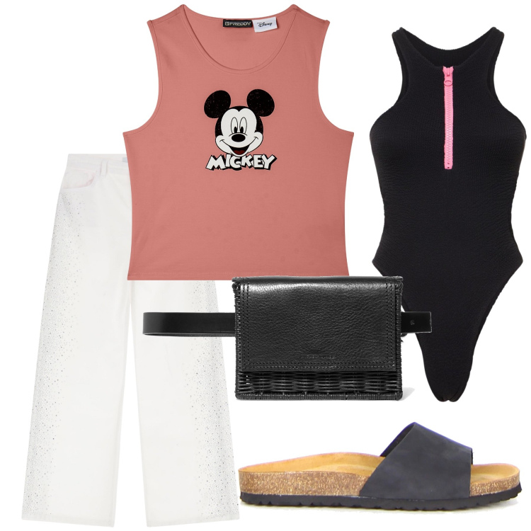 Outfit donna - Topolino al mare. Stile Basic per Mare. Abbinamento con marsupi, pantaloni, canottiere, ciabatte, costumi interi.