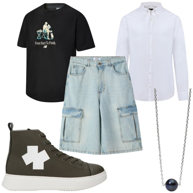 Outfit uomo - Total look #2192792. Stile Urban per Tutti i giorni. Abbinamento con sneakers alte, bermuda, collane, t-shirt, camicie.