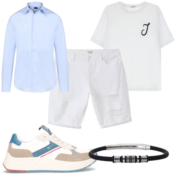 Outfit uomo - Total look #2192795. Stile Trendy per Tutti i giorni. Abbinamento con bermuda, braccialetti, t-shirt, camicie, sneakers.