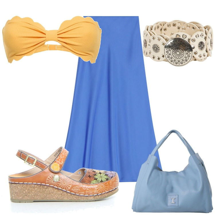 Outfit donna - Total look #2192797. Stile Trendy per Mare. Abbinamento con cinture, gonne lunghe, pochette, sandali, bikini.