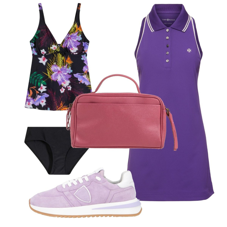 Outfit donna - Il tankini coi fiori. Stile Urban per Mare. Abbinamento con costumi interi, borse a mano, sneakers, vestiti senza maniche.