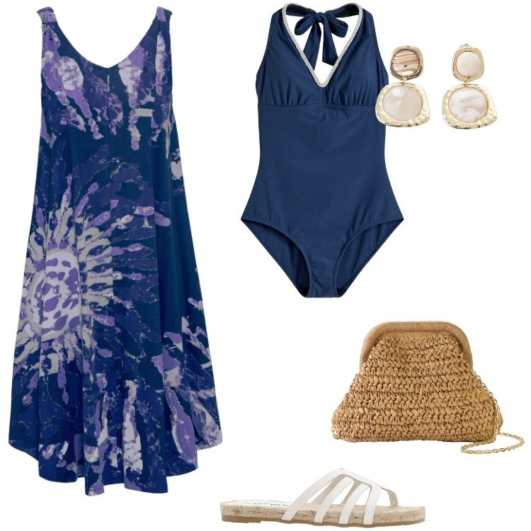 Outfit donna - Total look #2192805. Stile Etnico per Mare. Abbinamento con vestiti senza maniche, ciabatte, borse a tracolla, costumi interi, orecchini.