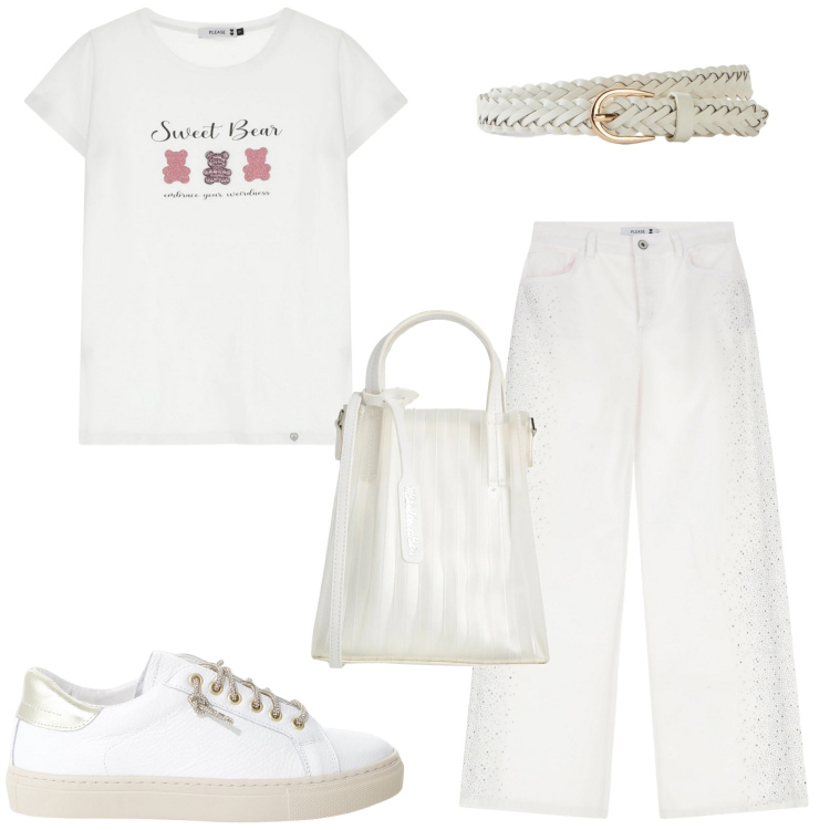 Outfit donna - Total White. Stile Casual per Ufficio. Abbinamento con cinture, borse a mano, pantaloni, t-shirt, sneakers.