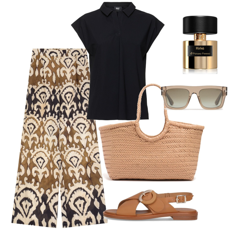 Outfit donna - Sabato in centro. Stile Bon Ton per Tutti i giorni. Abbinamento con profumi, pantaloni, polo, shopping bag, occhiali da sole, sandali.