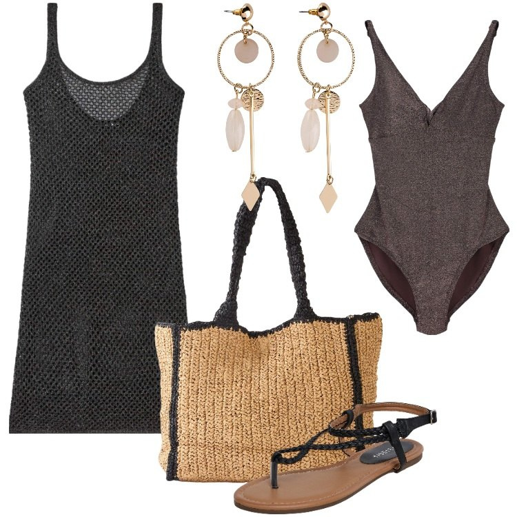 Outfit donna - Total look #2192812. Stile Boho per Mare. Abbinamento con shopping bag, orecchini, vestiti, ciabatte, costumi interi.