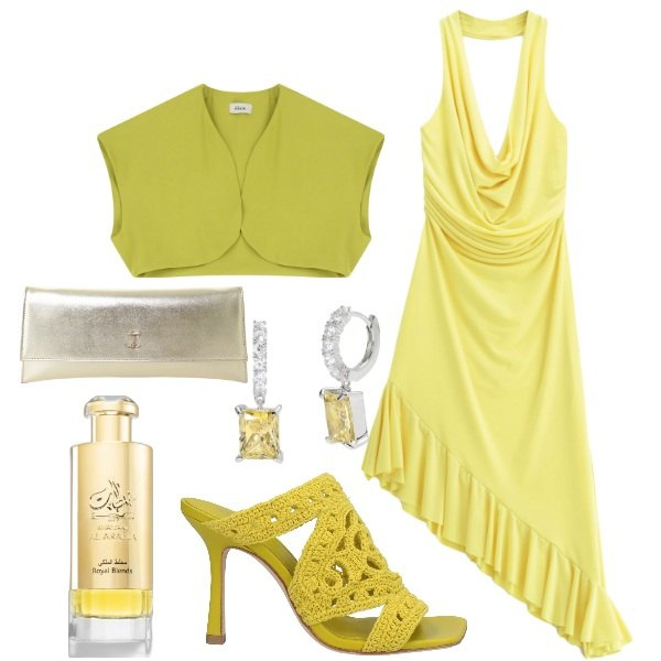 Outfit donna - Cerimonia a luglio. Stile Chic per Cerimonia. Abbinamento con sandali in pelle, profumi, orecchini, vestiti asimmetrici, pochette, gilet.