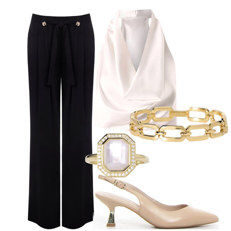 Outfit donna - La bellezza della sobrietà. Stile Chic per Serata fuori. Abbinamento con anelli, braccialetti, pantaloni, top, décolleté.