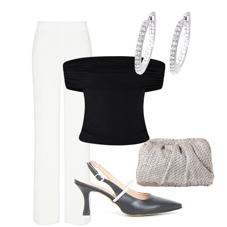 Outfit donna - Bianco nero argento. Stile Chic per Serata fuori. Abbinamento con pantaloni a palazzo, top, clutch, orecchini, décolleté.