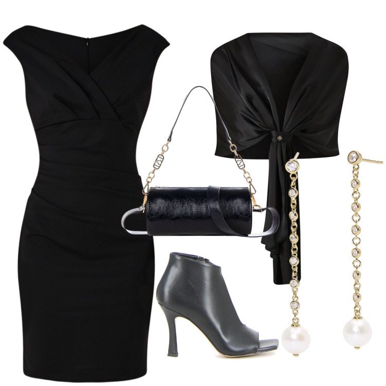 Outfit donna - Nero e oro. Stile Chic per Serata fuori. Abbinamento con orecchini, scialli, borse a mano, vestiti a tubino, sandali col tacco.