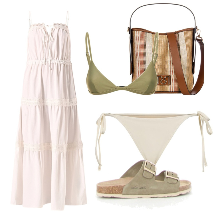 Outfit donna - Passeggiata lungomare. Stile Boho per Mare. Abbinamento con vestiti lunghi, borse a secchiello, ciabatte, bikini, bikini.