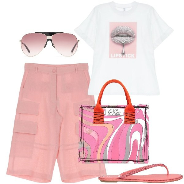 Outfit donna - Il cargo corto in lino. Stile Urban per Tutti i giorni. Abbinamento con infradito, shorts, t-shirt, shopping bag, occhiali da sole.