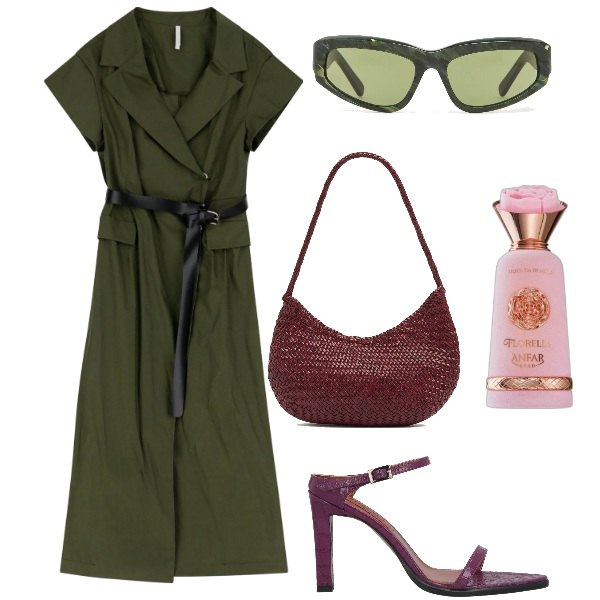 Outfit donna - In ufficio a luglio. Stile Trendy per Ufficio. Abbinamento con sandali in pelle, profumi, vestiti lunghi, occhiali da sole, borse a spalla.