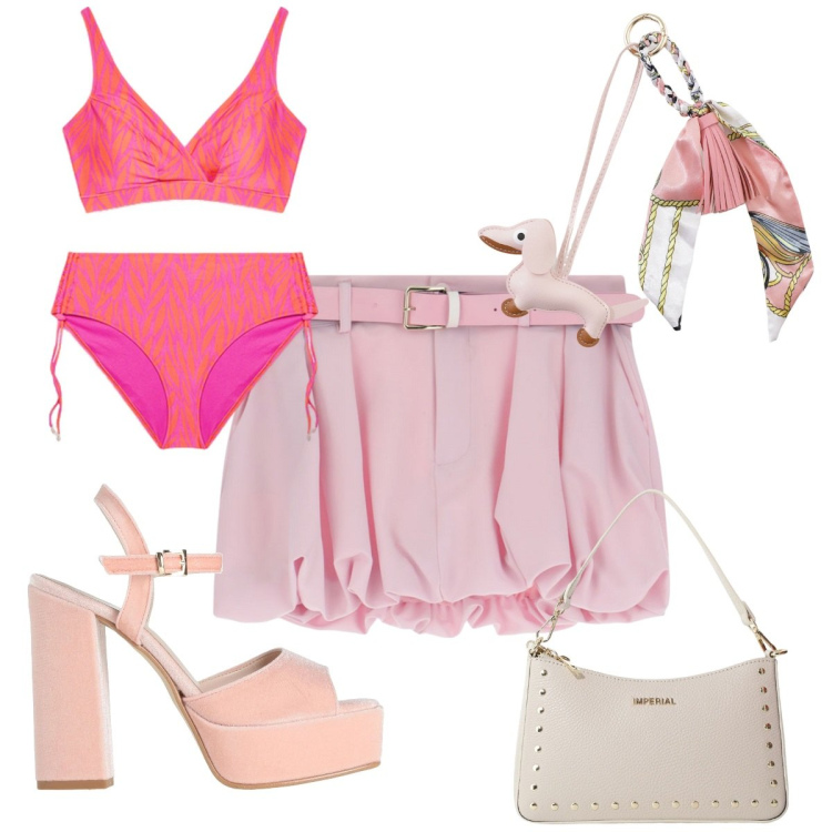 Outfit donna - Total look #2192872. Stile Trendy per Mare. Abbinamento con sandali in pelle, minigonne, borse a spalla, portachiavi, bikini.