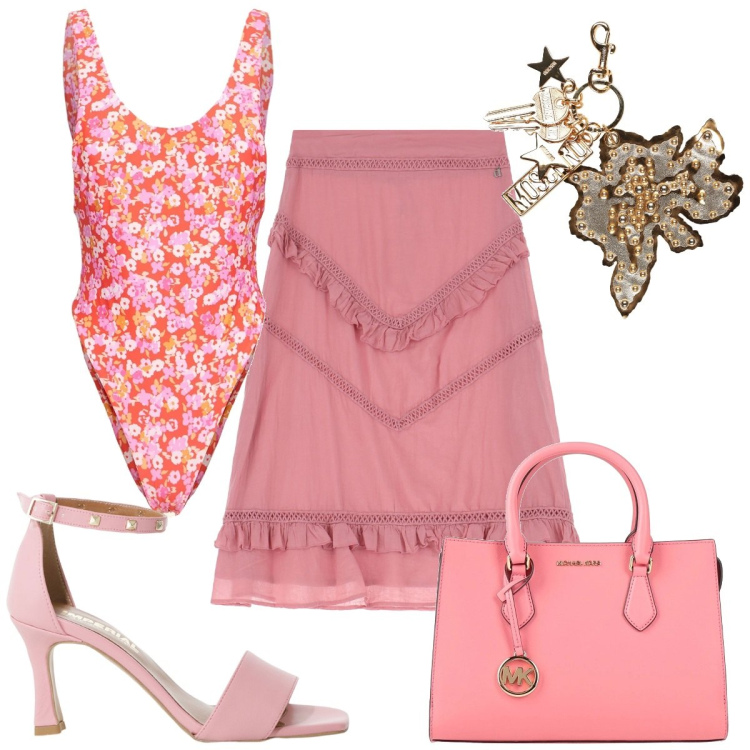 Outfit donna - Total look #2192880. Stile Romantica per Mare. Abbinamento con borse a mano, portachiavi, sandali col tacco, gonne longuette, costumi interi.