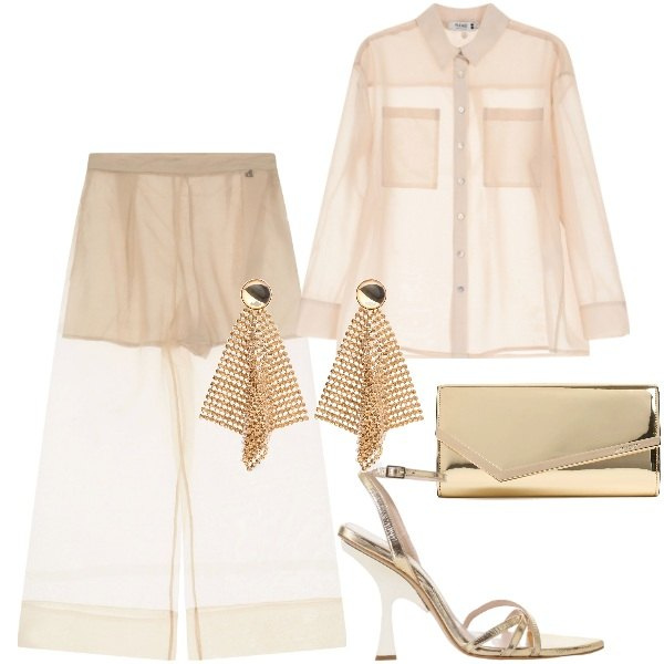 Outfit donna - Serata leggera. Stile Glamour per Serata fuori. Abbinamento con camicie, sandali col tacco, jeans, pochette, orecchini.