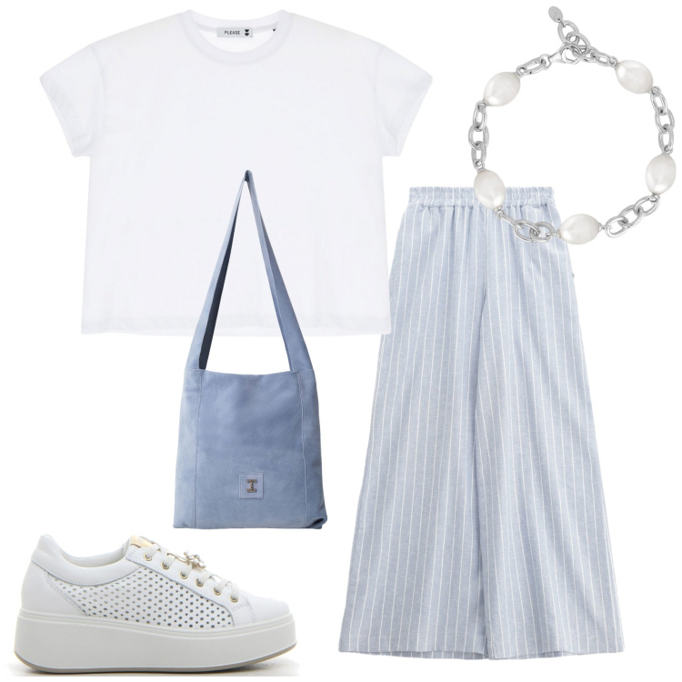 Outfit donna - In città. Stile Casual per Tutti i giorni. Abbinamento con braccialetti, pantaloni, t-shirt, borse a tracolla, sneakers.