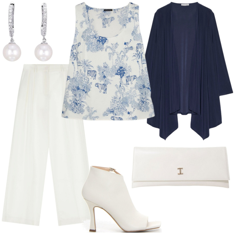 Outfit donna - Communione a luglio. per Cerimonia. Abbinamento con orecchini, pantaloni, pochette, top, blazer, sandali col tacco.