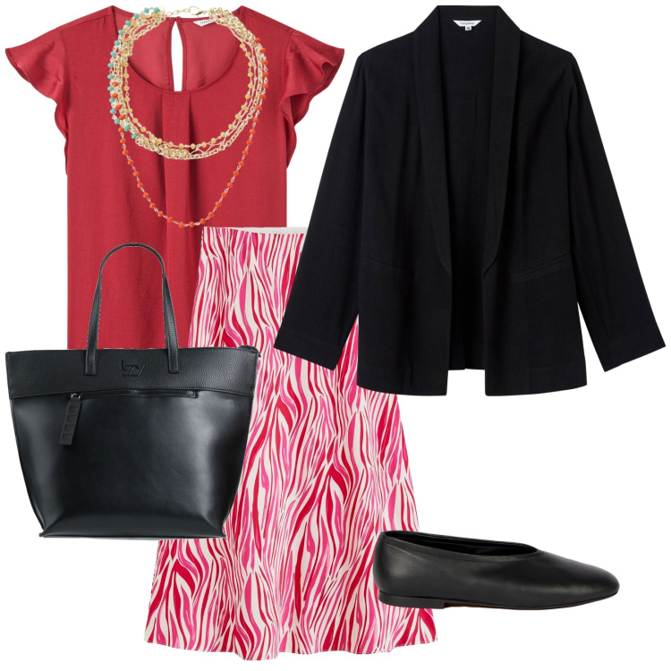 Outfit donna - Ultimi esami. per Scuola/Università. Abbinamento con gonne longuette, borse a mano, bluse, blazer, collane, ballerine.