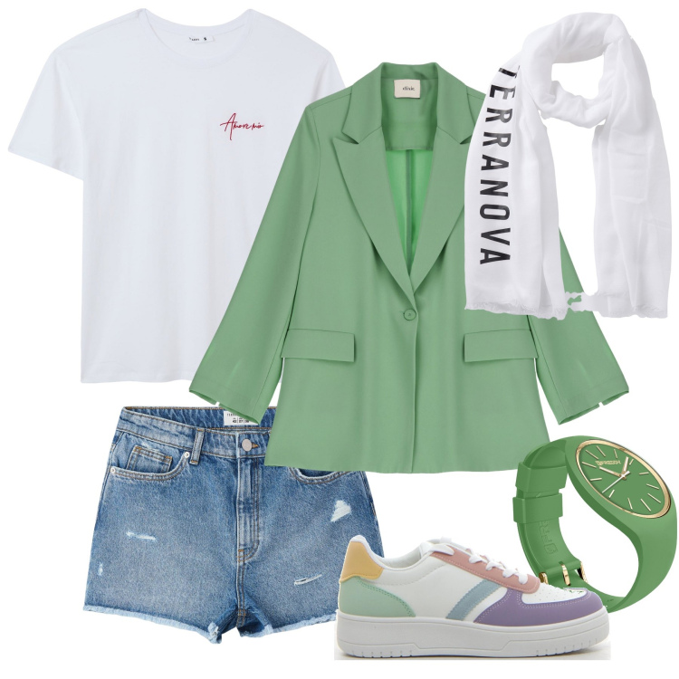 Outfit donna - Sara. Stile Casual chic per Tutti i giorni. Abbinamento con shorts, foulard, t-shirt, orologi, blazer, sneakers.