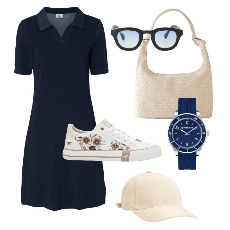 Outfit donna - Sportiva con l’abito. Stile Casual per Tutti i giorni. Abbinamento con shopping bag, vestiti midi/longuette, sneakers, cappelli, occhiali da sole, orologi.