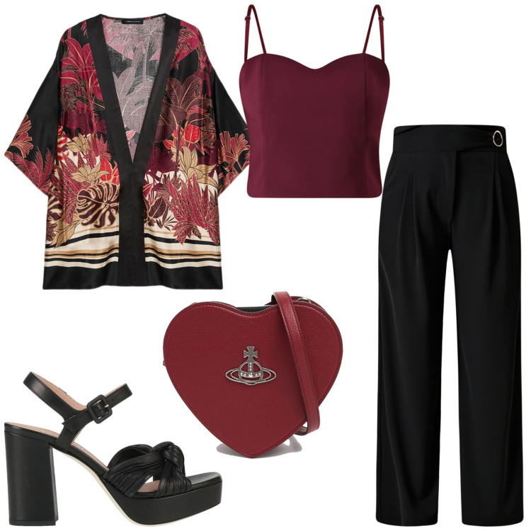 Outfit donna - Eleganza senza tempo. Stile Chic per Cerimonia. Abbinamento con sandali in pelle, top, pantaloni a palazzo, kimono, borse a spalla.